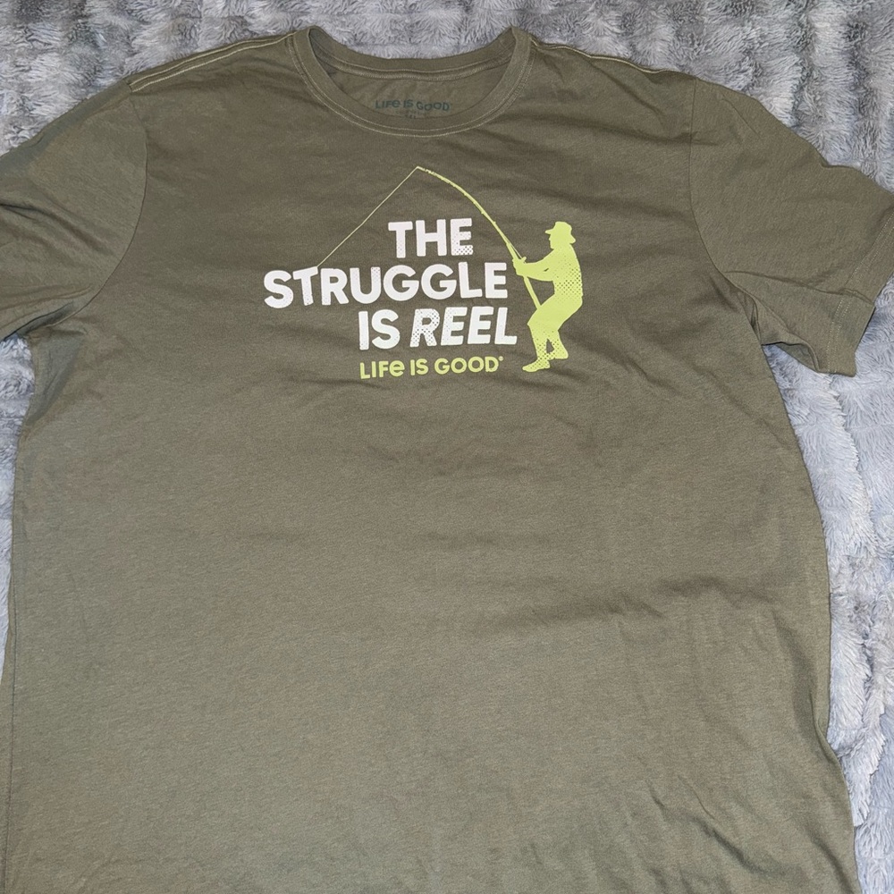 Life Is Good Green Short Sleeve Tee with Fishing Graphic